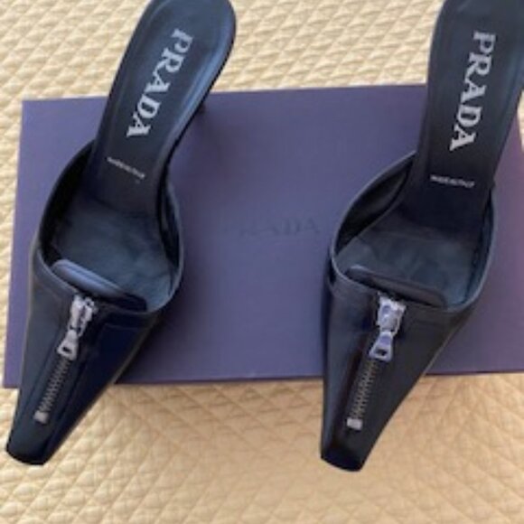 Prada Shoes - Prada Black Leather Mules with Zippered Toe
